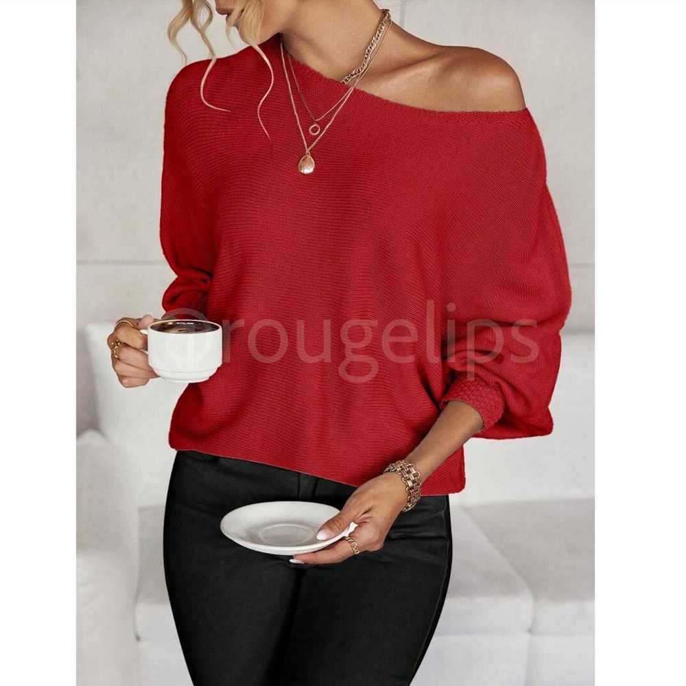 Red Boat Neck Light Knit Sweater Batwing Sleeve Loose Fit, Stretchy - Picture 2 of 8